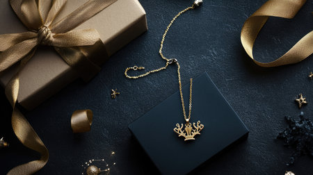 A stunning gold necklace featuring a crown pendant rests on a sleek black box, surrounded by elegant gift wrapping and decorative elements, perfect for any occasion.の素材