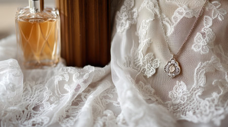 An elegant necklace rests on a lace fabric, accompanied by a perfume bottle and a wooden object, creating a serene and romantic atmosphere.の素材