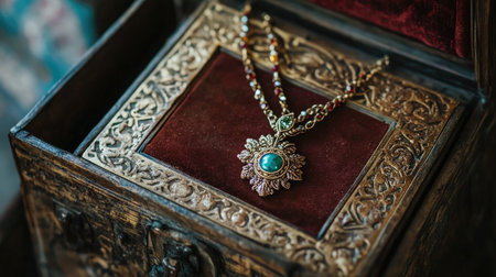 This captivating image features a vintage jewelry box showcasing an ornate necklace laid upon a rich red velvet interior, highlighting intricate design and elegance.の素材