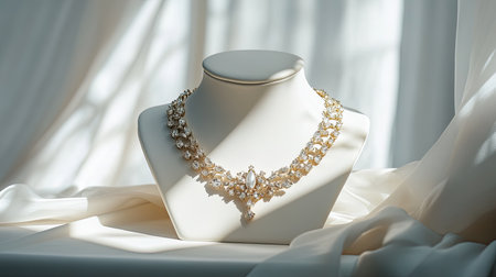 This stunning golden necklace, showcased on a refined mannequin, captivates with its intricate design and shimmering gems in soft natural light.の素材