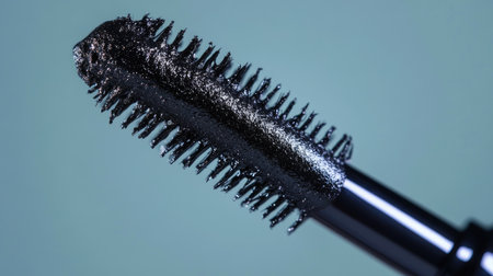A detailed close-up image of a mascara wand coated in glossy black product, set against a soft background, perfect for beauty and cosmetics themes.の素材