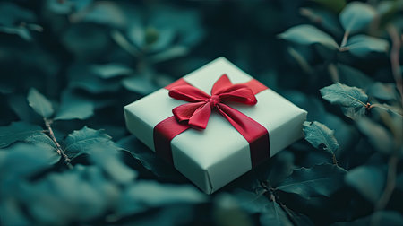 A beautifully wrapped green gift box with a vibrant red ribbon rests amidst lush green leaves, creating a serene and nature-inspired scene perfect for celebrations.の素材