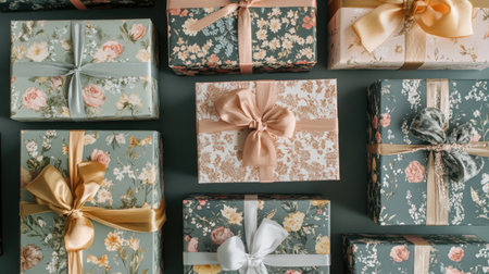 A vibrant arrangement of beautifully wrapped gift boxes featuring floral patterns and elegant ribbons, perfect for celebrations and special occasions.の素材