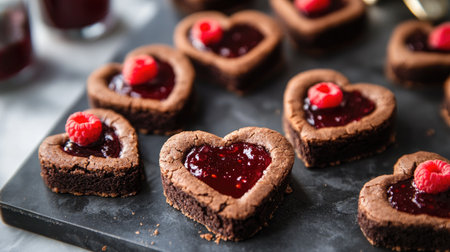 These heart-shaped brownies topped with raspberry jam create a delightful dessert perfect for celebrations and special occasions. The rich chocolate flavor and vibrant berry topping make it a tempting treat for any sweet tooth.の素材