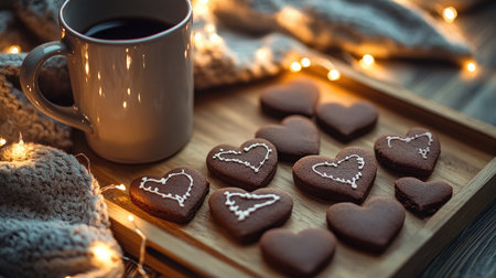 A cozy setting featuring a coffee cup alongside heart-shaped cookies on a wooden tray, surrounded by soft blankets and gentle fairy lights, perfect for winter evenings.の素材