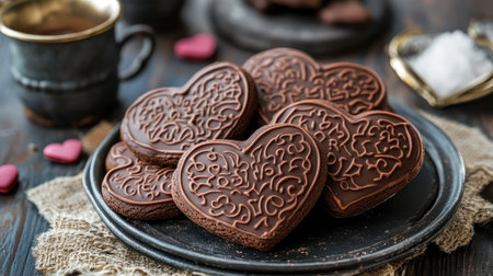 A captivating arrangement of beautifully decorated heart-shaped cookies showcases intricate icing designs. Perfect for celebrations, these sweet treats evoke feelings of love and joy.の素材