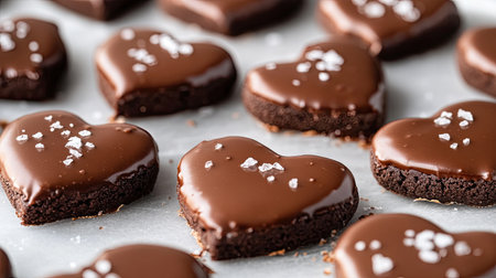A visually appealing assortment of heart-shaped chocolate treats on a light gray background, sprinkled with sea salt, ideal for romantic occasions and celebrations.の素材