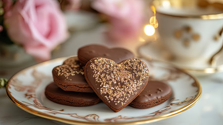 A captivating display of heart-shaped chocolate cookies adorned with shimmering gold dust on a beautifully styled plate, surrounded by soft pastel flowers and a delicate tea cup.の素材