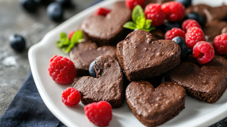 Delightful heart-shaped brownie bites sit elegantly on a white plate, adorned with fresh raspberries and blueberries, perfect for celebrations.の素材