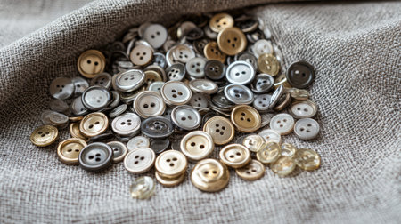 A vibrant assortment of sewing buttons in various colors and sizes is displayed on a textured fabric surface, perfect for textile craft and design projects.の素材