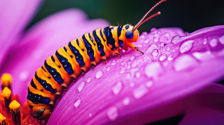 A stunning close-up image of a colorful caterpillar resting on a bright purple flower petal adorned with glistening water droplets, showcasing the beauty of nature.の素材