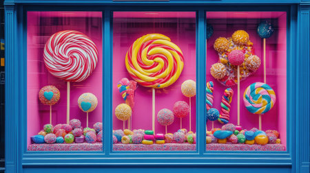 A vibrant and playful candy shop window display featuring oversized lollipops and assorted colorful sweets, capturing the essence of joy and indulgence.の素材