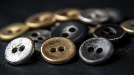 This image showcases a collection of vintage buttons with various metallic finishes, perfect for fashion and craft projects. The close-up highlights their unique textures.の素材