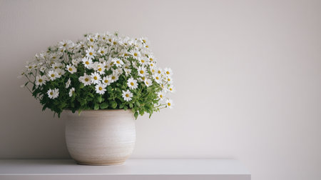 A stunning arrangement of white daisies in a textured ceramic pot brings a touch of elegance to any interior space, creating a serene atmosphere.の素材