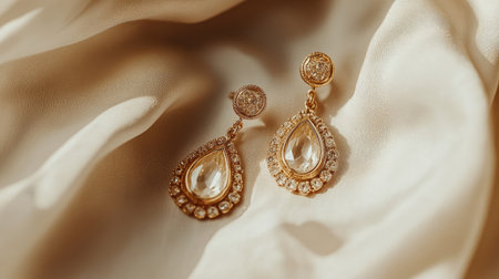 These elegant teardrop earrings feature a golden frame adorned with sparkling crystals, beautifully displayed against a soft satin fabric background.の素材
