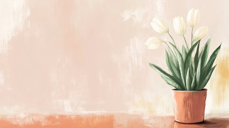 A beautiful arrangement of delicate white tulips in a small pot, set against a soft pastel background, creating a serene and calming atmosphere for home decor.の素材