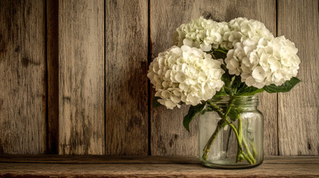 A stunning arrangement of white hydrangeas in a clear glass jar set against a rustic wooden background, ideal for home decor or floral-themed designs.の素材