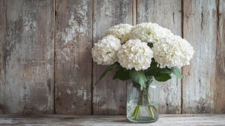A stunning arrangement of white hydrangea blooms in a glass vase, placed on a rustic wooden table, evokes elegance and tranquility in any setting.の素材