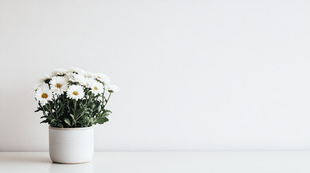 A beautiful arrangement of fresh white daisies in a minimalist pot, bringing a touch of nature and tranquility to any indoor space, perfect for decoration.の素材