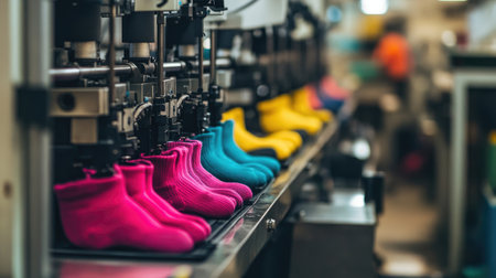 A vibrant display of colorful socks in production on an assembly line, showcasing the textile manufacturing process with advanced machinery and tools.の素材