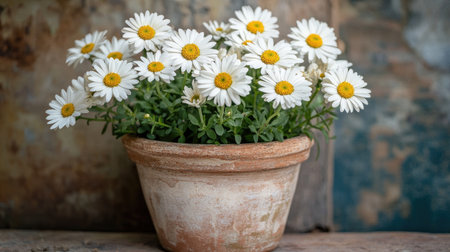 A charming arrangement of white daisies in a rustic pot set against a vintage wooden background, evoking feelings of freshness and serenity.の素材