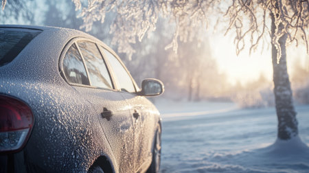A beautiful winter morning captures a snow-covered car adorned with frost, glowing softly in the warm sunrise light, surrounded by picturesque icy trees.の素材
