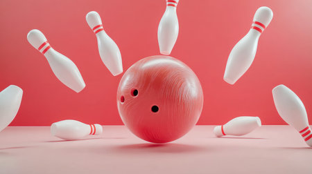 A striking pink bowling ball rests at the center, surrounded by white bowling pins on a vibrant coral background, capturing the excitement of the game.の素材
