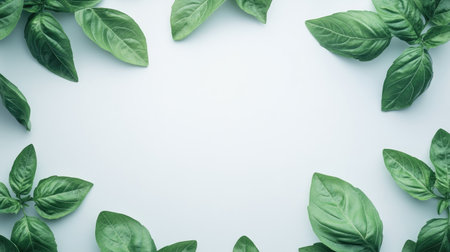 A beautiful arrangement of fresh green basil leaves on a light background, perfect for culinary designs, organic themes, or healthy lifestyle concepts.の素材