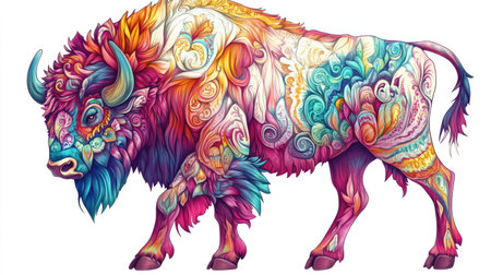 This vibrant and colorful illustration features a bison adorned with intricate patterns and swirls, symbolizing strength and creativity in nature.の素材
