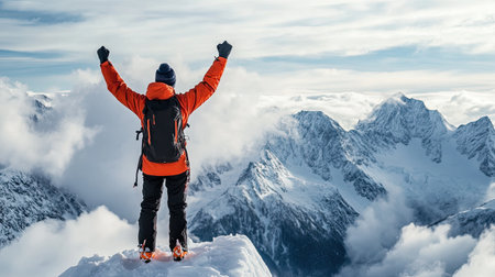 A solo adventurer stands triumphantly atop a mountain peak, embracing the breathtaking view of snow-covered mountains and clouds, capturing the essence of adventure and freedom.の素材