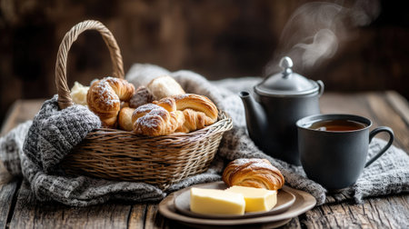 Enjoy a cozy morning atmosphere featuring a wicker basket filled with buttery pastries, a steaming cup of tea, and creamy butter on a rustic table.の素材