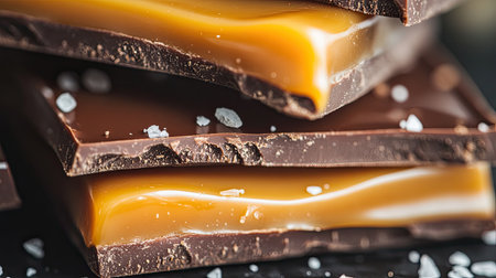 A delectable composition featuring luxurious dark chocolate squares layered with smooth caramel and finished with sea salt sprinkles, ideal for sweet cravings.の素材