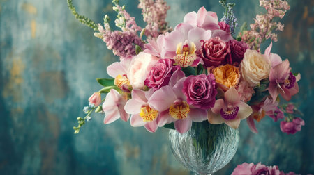 A stunning flower arrangement showcasing a variety of blooms in a crystal vase. The artistic backdrop and soft lighting enhance the beauty and elegance, perfect for decoration.の素材