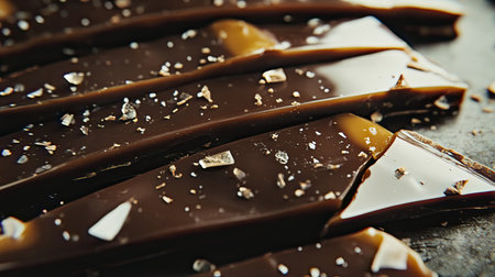 Close-up of savory dark chocolate slices sprinkled with coarse sea salt flakes on a dark background. Ideal for culinary projects and dessert inspiration.の素材