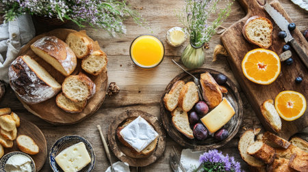A beautifully arranged breakfast spread featuring a variety of fresh breads, cheeses, juicy fruits, and a vibrant drink, perfect for enjoying in the morning with loved ones.の素材