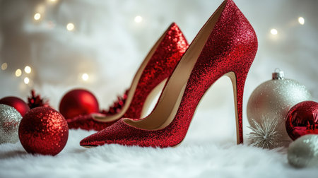 This image showcases stunning red glitter high heels surrounded by festive ornaments, capturing the essence of holiday glamour and celebration.の素材