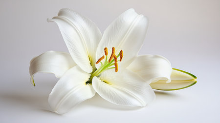 A stunning closeup of an elegant white lily blossom showcases its delicate petals and vibrant yellow stamen against a soft, neutral background.の素材