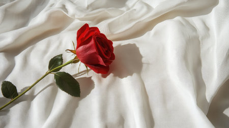 A striking red rose lies gracefully on a soft white fabric backdrop, creating a romantic and elegant ambiance perfect for any occasion.の素材