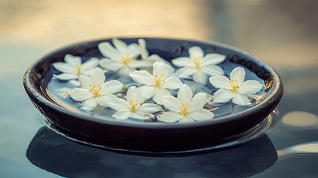 A serene scene featuring delicate white flowers elegantly floating in a bowl of water, creating a calming atmosphere perfect for relaxation and meditation.の素材