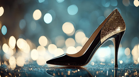 This stunning high-heeled shoe, with its black and gold design, shines beautifully against a sparkling bokeh background, perfect for fashion illustrations.の素材
