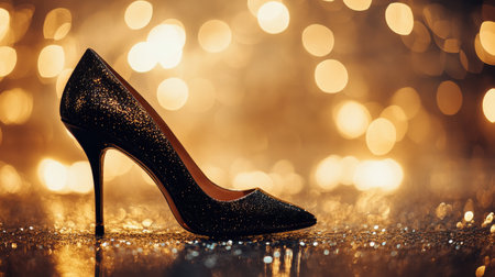 This stunning black high heel shoe stands out against a shimmering bokeh background. Its elegant design reflects light beautifully, capturing the essence of glamour and style. Perfect for showcasing fashion and luxury.の素材