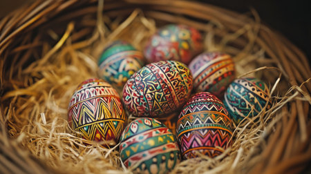 This image features a collection of beautifully handcrafted Easter eggs nestled in a natural straw-filled basket, showcasing vibrant colors and intricate designs perfect for festive decor.の素材