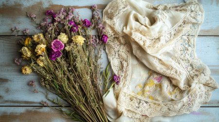 A charming display featuring delicate vintage lace paired with vibrant dried flowers on a rustic wooden surface, ideal for artistic and decorative use.の素材