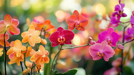 This stunning image captures a diverse arrangement of colorful orchids in full bloom, showcasing nature's beauty and vibrant colors in a tranquil setting.の素材