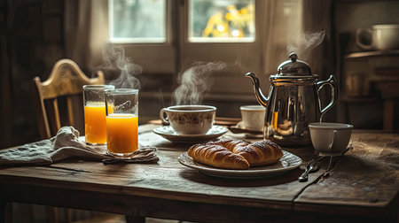 A warm and inviting morning scene featuring a richly set breakfast table with delicious croissants, aromatic coffee, and fresh orange juice, inviting relaxation.の素材
