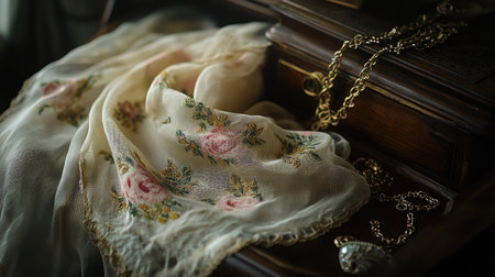 A captivating still life featuring a delicate vintage floral scarf elegantly draped on an antique wooden table, accompanied by exquisite jewelry accents.の素材