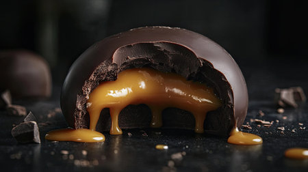A decadent chocolate sphere reveals a gooey caramel filling, perfect for any dessert enthusiast. The rich flavors make it a tempting treat.の素材