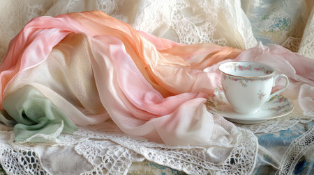 A charming still life composition featuring soft draped fabrics in pastel hues alongside an elegant tea cup and delicate lace. Perfect for artistic inspiration.の素材
