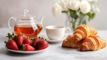A beautiful arrangement featuring fresh strawberries, savory croissants, and a steaming cup of tea, complemented by elegant white roses, perfect for a cozy breakfast scene.の素材