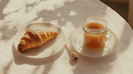 A warm croissant sits next to a glass jar of honey and a cup of herbal tea, creating a serene breakfast scene illuminated by soft morning light.の素材